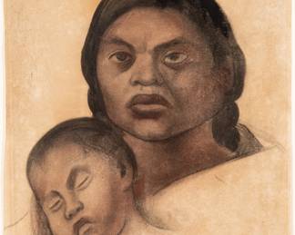 Diego Rivera (Mexican, 1886-1957) Charcoal And Pastel on Paper, 1926, "Mother And Child", H 18.8" W 17.9" | Signed lower right and dated, the full sheet (with deckle edges on three sides).  Frame Measurements H 29" W 27"