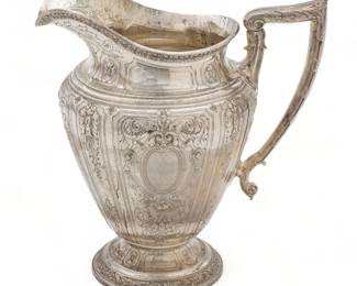 Gorham (American) 'Maintenon' Sterling Silver Pitcher, H 9.75" W 6" L 9.5" 34.94t oz | a Gorham sterling silver 'four-and-a-half-pint' pitcher in the Maintenon pattern. Bearing signature branding, hallmarks, and pattern number to the underside. Total weight: 34.94 troy ounces. Provenance: Property of a Grosse Pointe Park, MI private collector.