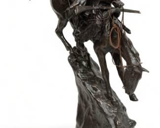After Frederic Remington (American, 1861-1909) Bronze Sculpture, Mountain Man, H 28" W 9" L 25" | a bronze sculpture after Frederic Remington's 1908 "Mountain Man" sculpture. Artist's signature, date, and 'Sun Foundry' to the base. Presented on a green marble base, measuring H 29" overall. Provenance: Property from a private collection, Bloomfield Township, Michigan.