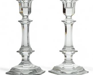 Baccarat (French) 'Harcourt-Versailles' Crystal Candlesticks, H 7.2" W 3.7" 1 Pair | Offers a cut panel design to the candle cups on hexagonal feet. Bearing signature branding acid etched to the undersides. Provenance: Property of a Prominent Grosse Pointe, MI Collector