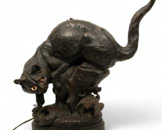 Louis Theophile Hingre (France, 1832-1911) Bronze Lamp, Cat Hunting Sparrow, H 18.5" W 23" Depth 9" | When the electrified lamp is turned on, the cat's eyes illuminate. Depicting a dynamic chase between a cat and fleeing sparrow. Signed to the sculpture on oak tree trunk. with foundry mark "Drouart Editeur Paris" to the base. Provenance: Property of a Grosse Pointe Park, MI private collector.