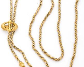 Ilias Lalaounis (Greece) 18k Yellow & White Gold Rope Twist Tassel Necklace, L 45" 83g | Marked 750. Two-toned rope twisted necklace with tassels with slide. 83 grams total weight.
