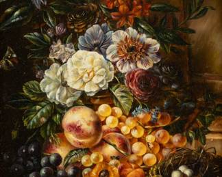S. Lee (American, B. 1944) Oil on Panel, 20th C., Still Life in the Dutch Style, H 10" W 8" | Signed S. Lee in the lower right. Dutch style still life with fruits, a floral arrangement and bird's nest. Having a molded gilt frame, H 20.5", W 18.5". Provenance: Property from a Grafton, Wisconsin private collection