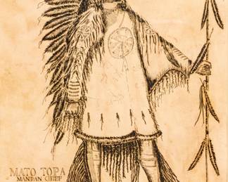 J. Asher (American, 19th C.) Ink Drawing on Paper, Ca. 1869, After George Catlin, "Mato Topa Mandan Chief" H 14.25" W 10.75" | Signed, titled and dated in the lower left. After the 1833 painting by George Catlin. Matted and framed under glass, H 20.5", W 16.75". Provenance: Property of Prominent Collector, Birmingham, Michigan