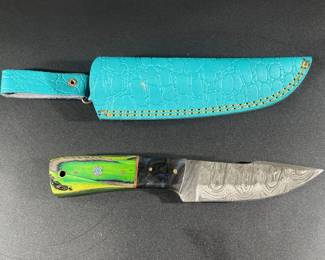 Full Tang Damascus Steel Knife w/ Leather Sheath