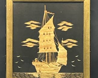 Mid Century Gold & Black Framed Chinese Junk Ship