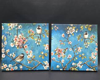 Pair of Asian Cherry Blossom w/ Bird Bright Blue