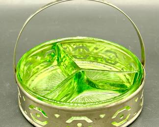 Vintage Vaseline Glass 3-Part Divided Dish in Metal Basket