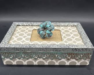 Decorative Gray Wood Box, Turquoise Trim & Flower