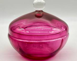 Vintage Cranberry Glass Powder Box w/ Lid