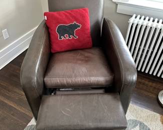 Crate & Barrel Libby Smoke Leather Recliner (A), Woolrich bear pillow