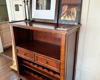 Stanley Furniture wine cabinet, Crate & Barrel "Emmett" Candle Holders (A), Crate & Barrel "Emmett" Candle Holders (B), Framed Art

