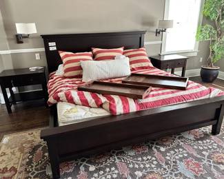 Wood frame king bed, Wood trays, King size bedding and pillows, Serta king mattress, Pearson Club Chair and Ottoman, Spring Handled Accent Table, Pottery Barn Farmhouse Bedside Table (A), Pottery Barn Farmhouse Bedside Table (B)