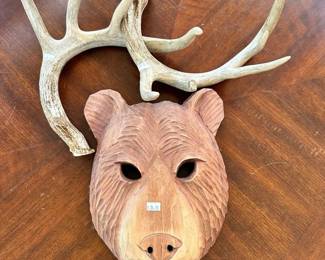 Wood bear mask, Deer antlers