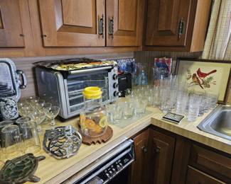 stemware, glasses, toaster oven, vintage goodies galore 