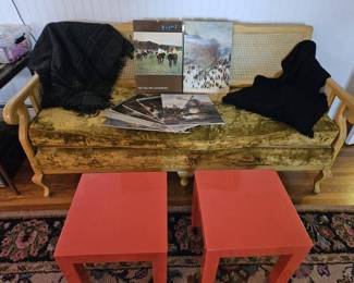 #Antique#Caned back, sofa velvet cushion in a fabulous olive green 