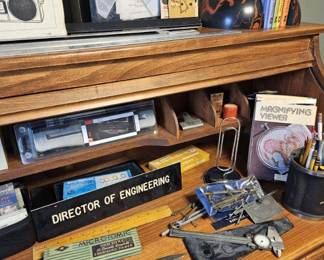 Drafting tools, most marked W.Germany Books, plus the oak desk 