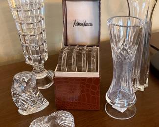 Neiman Marcus Crystal Coasters, Assorted Crystal Vases