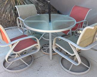 Patio Table w 4 Swivel Chairs, Umbrella and Stand