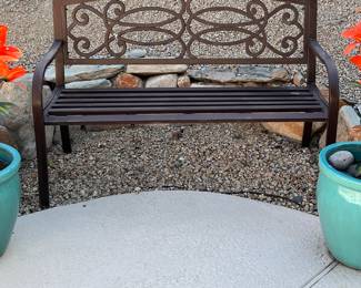 Turquoise Pots w Metal Flowers, Metal Bench