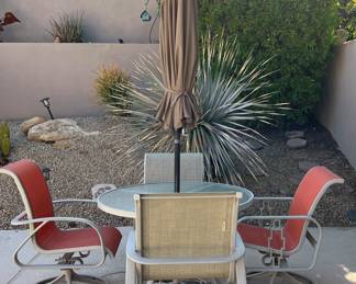 Patio Table w 4 Swivel Chairs, Umbrella and Stand