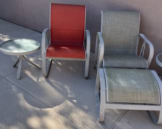 Assorted Patio Chairs, Ottoman, Side Tables