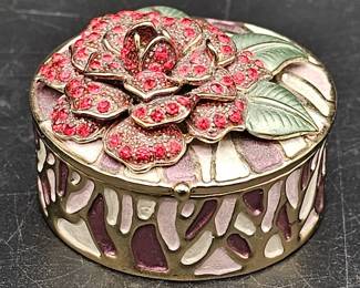 Enameled Cloisonné Red Rose Brass Trinket Box