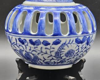 Blue and White Ceramic Potpourri Dish on Stand