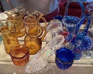 Amber Crackle Glass, Fenton Basket And Galway Irish Crystal Shoe Lot
