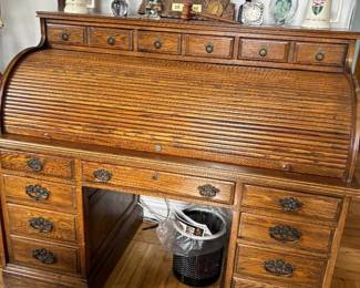 Vintage Oak Rolltop Desk with Antique Finish. $3000. #RolltopDesk #WritingDesk. Unleash Your Inner Writer: Immerse yourself in a world of creativity and productivity with this stunning solid oak rolltop desk