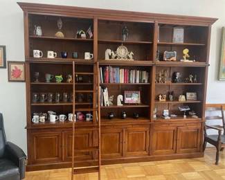 Solid Oak Bookcase/Wall Unit with Library Ladder on Metal Rail.