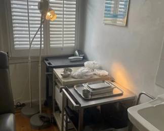 Medical Equipment. Examination light, Tray tables on wheels, step stools, etc.