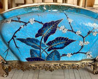 Amazing large English antique painted planter- prunus blossoms  and leafs. Rectangular shape with brass fitted base. Some losses around rim. Circa 1880’s.