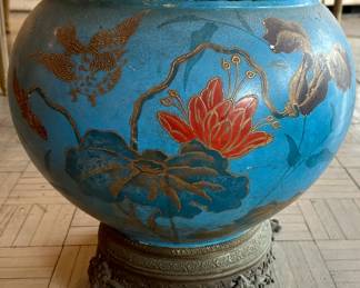 Antique  planter brass mounted base and rim. English planter hand painted pottery .