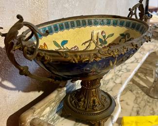 Brass mounted hand painted majolica ceramic bowl-circa 1900.
