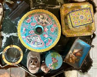 Assortment of Chinese antique enamel ware , some cloisonné, pre-columbian type pieces and other and smalls.