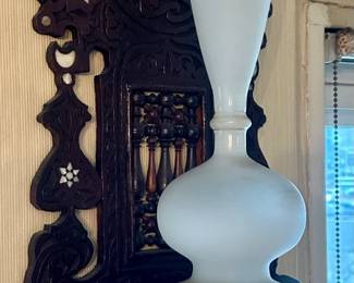 Antique wood walk shelf inlaid mother of Pearl. Bristol glass vase.