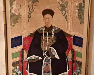 Large Asian themed framed watercolor after a noble portrait or ancestor portrait -scroll  mounted on board/panel. Measures 78  inches tall by 39 inches wide.