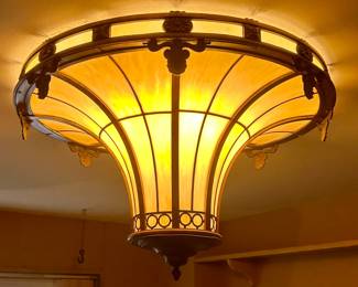Amazing large  vintage theatre  ceiling light - slag glass in a bronze  frame ,  unmarked in the manner of Tiffany. 