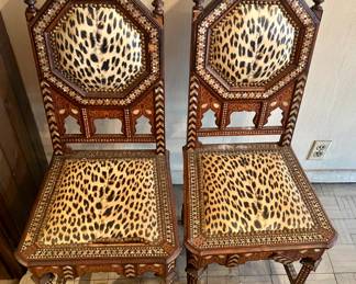 Mother of pearl inlaid Syrian chairs. New plush fabric.