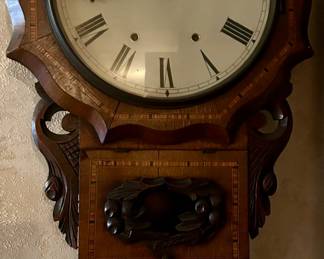 English inlaid marquetry clock for time and strike.