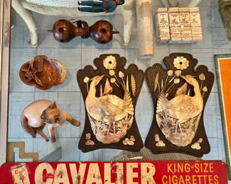 Royal Copenhagen cat &  a matched pair of mother of pearl wall pockets with hand carved -pheasants in the weeds. Plus Original metal Cigarette sign for Cavalier brand (English) cigarettes.