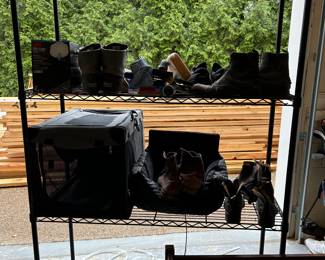metal rack, riding boots, dog kennel