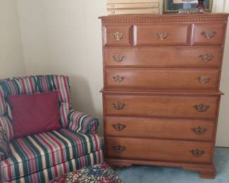 cherry highboy; casual chair with foot stool