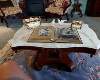 Empire pedestal table with marble top