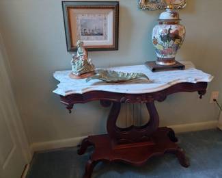 Victorian harp table with marble top; hand painted urn