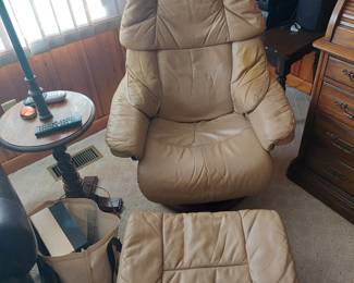 leather chair and ottoman; floor lamp 