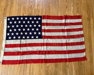 45 star American flag, 33” x 56”, all sewn including sewn stars, linen, some small holes, dates 1896-1908