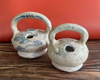 19th century lime pots, made in France for the Vietnamese market, white glaze with blue decoration—a lime pot was made to hold powdered lime (calcium oxide) which was mixed with betel nut and spices and then chewed. It was a popular stimulant in Vietnam, India and other parts of South and Southeast Asia