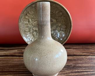 16th century wine flask and dish, Vietnamese, glazed ceramic